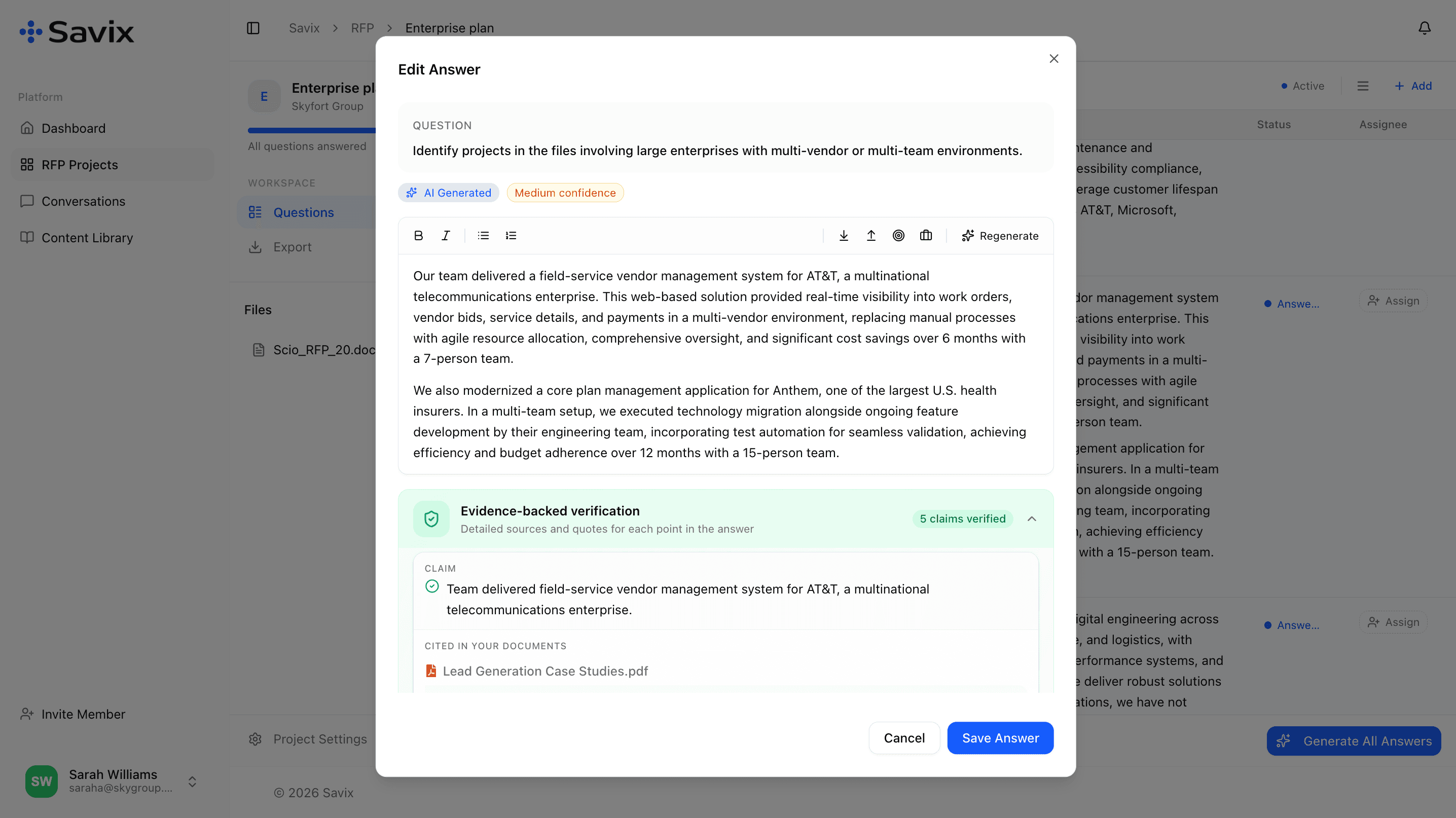 Savix evidence verification dashboard showing claims mapped to source document quotes with supported and unsupported status