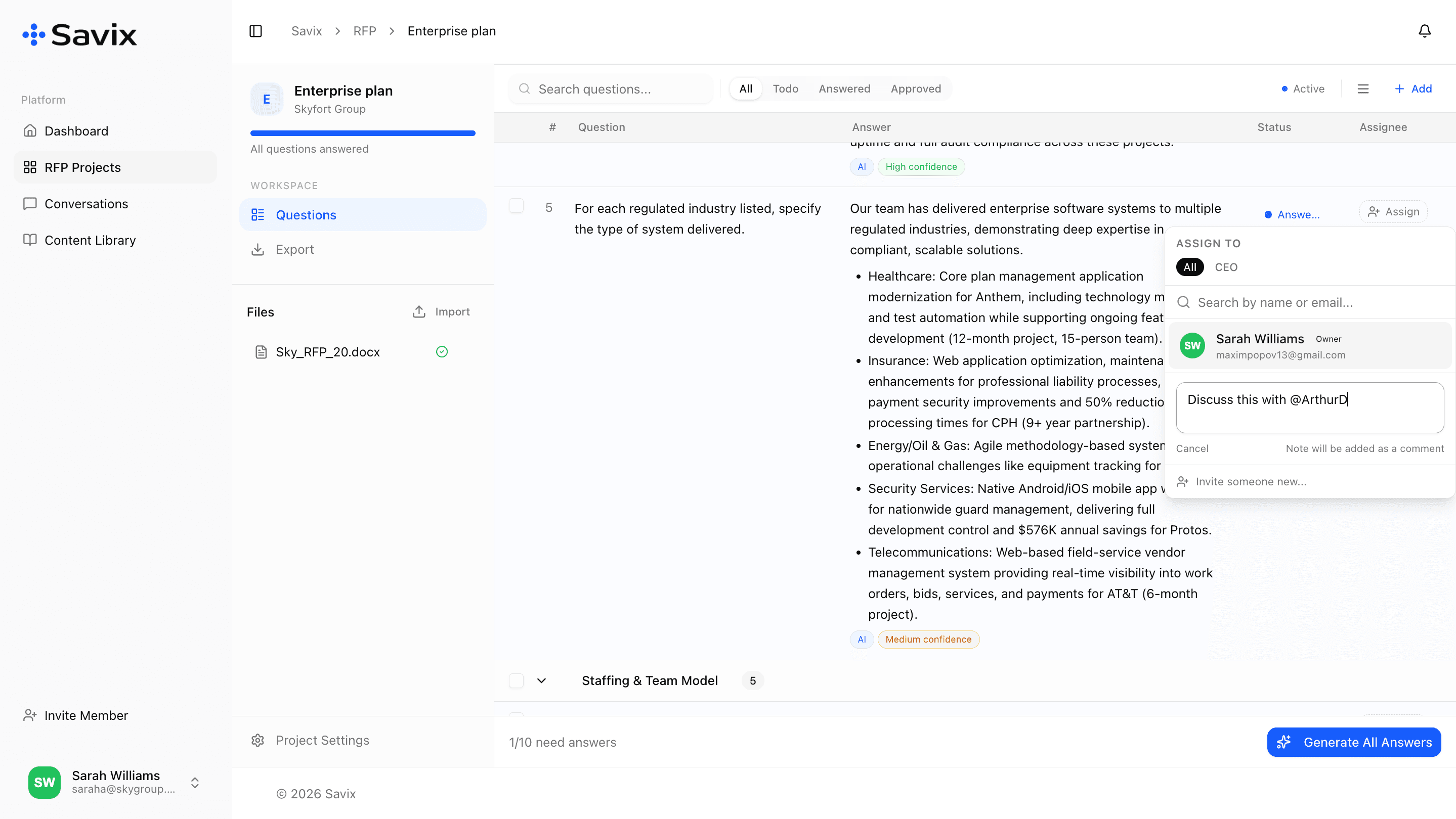 Savix RFP automation workspace showing AI-generated answers with evidence verification for each question