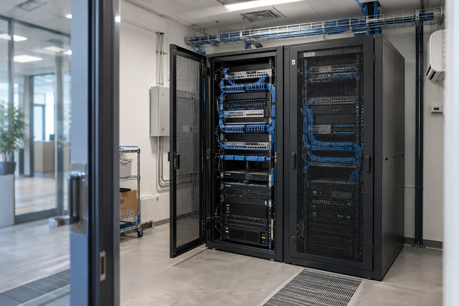 Enterprise server racks with orderly blue network cabling in a technical workspace