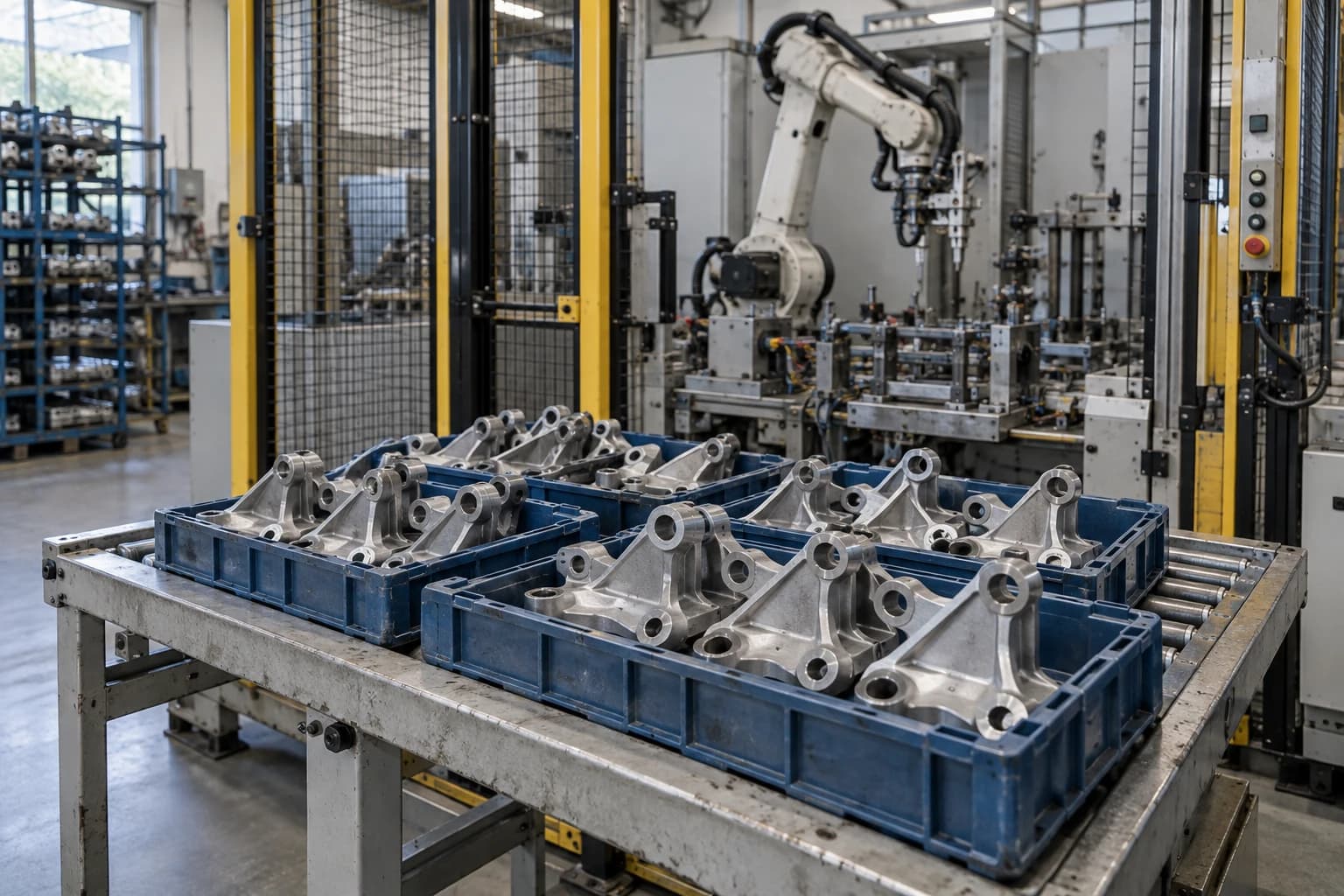 Automotive suspension components in blue trays beside an enclosed factory assembly cell