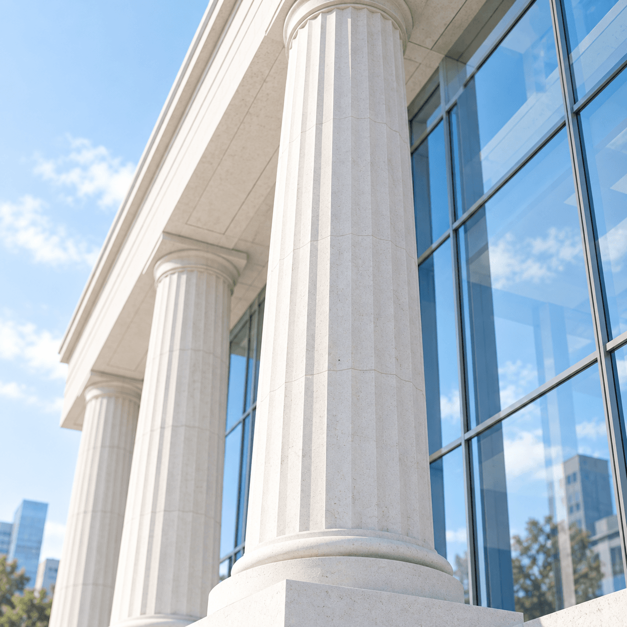 White stone columns and blue glass in a modern civic building