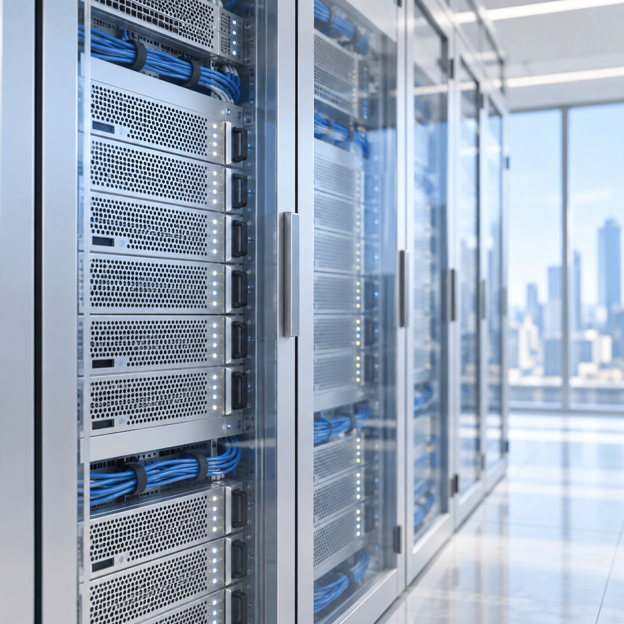Orderly silver server racks with blue cable guides