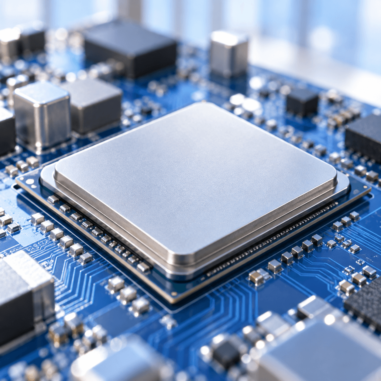 Silver processor on a precisely detailed blue circuit board