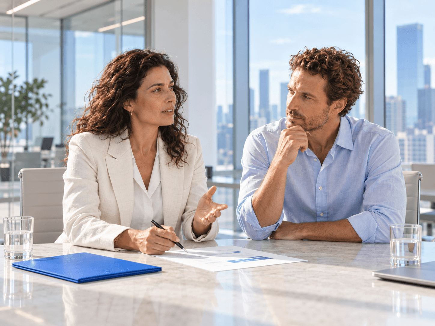 Consulting professionals discussing an engagement plan in a modern meeting room