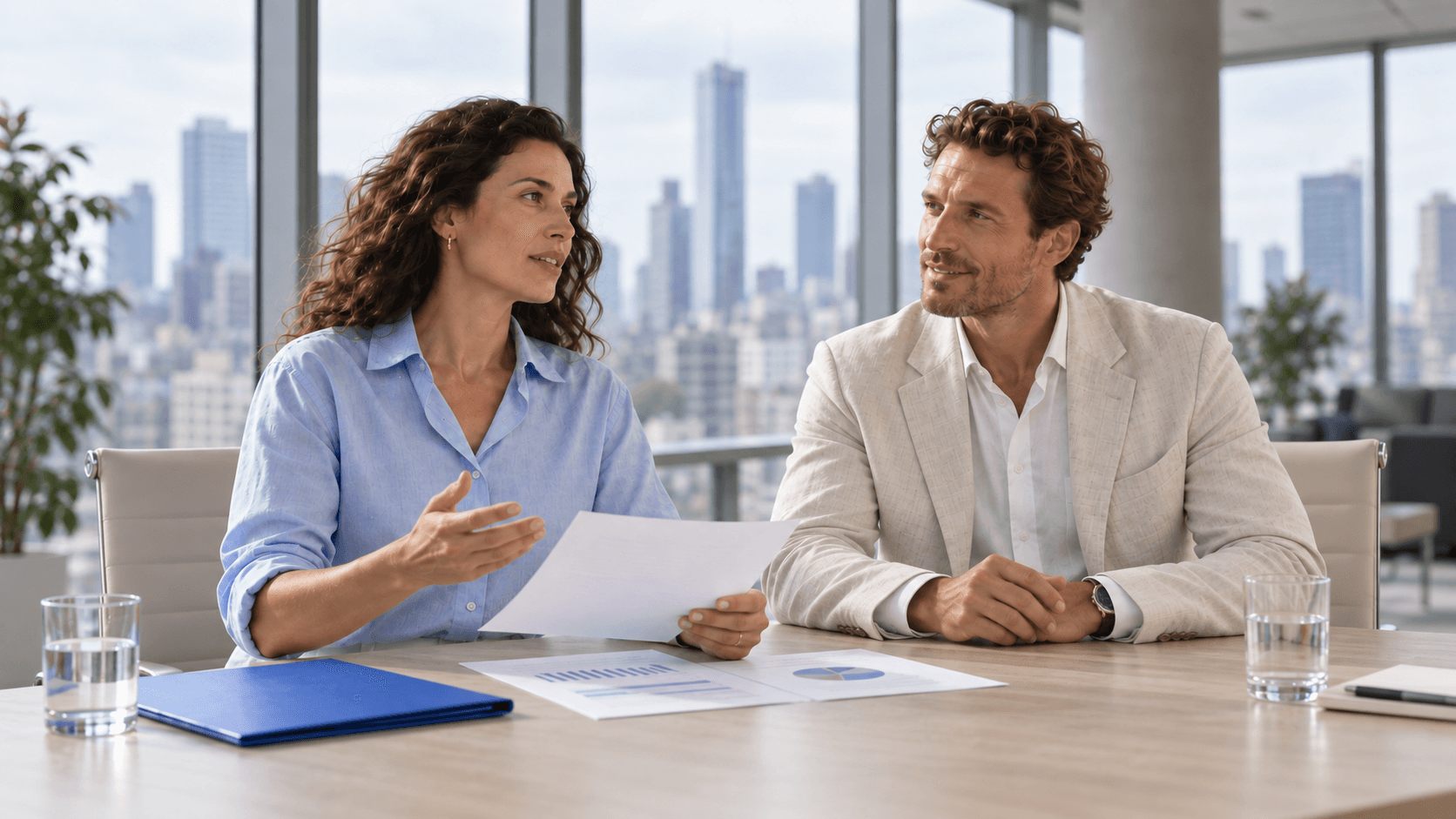 Two professionals discussing a proposal workflow at a meeting table