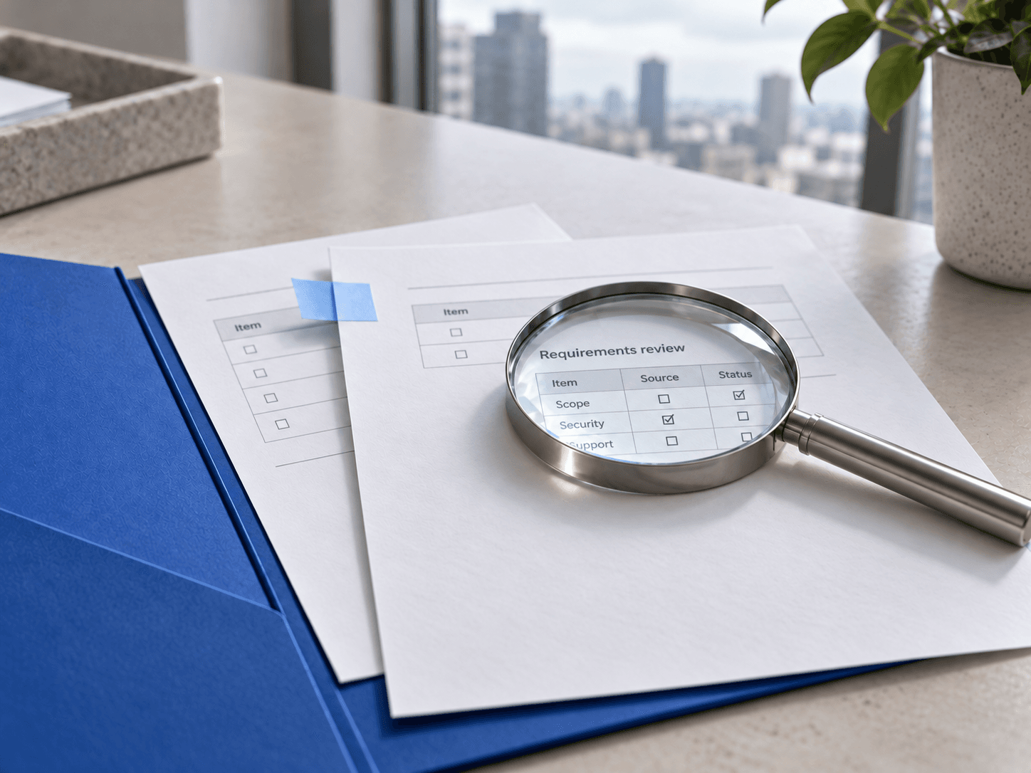 Optical magnifying lens and source documents prepared for evidence review