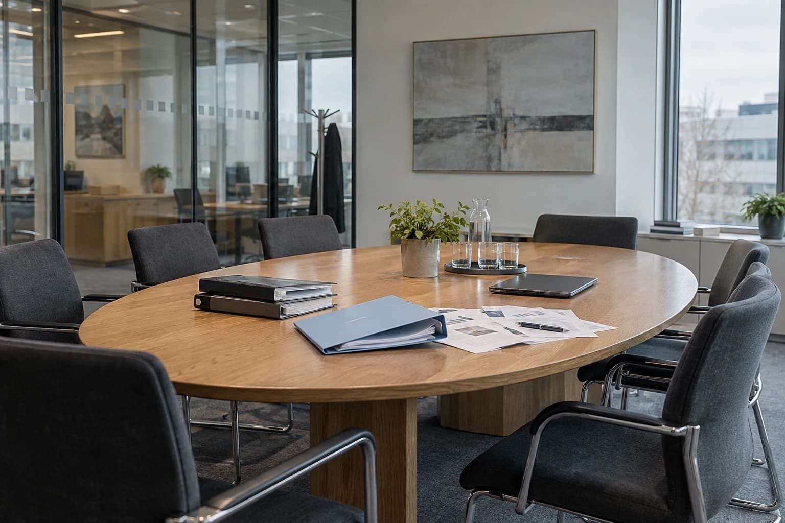 Boardroom with project binders and proposal materials on an oak meeting table
