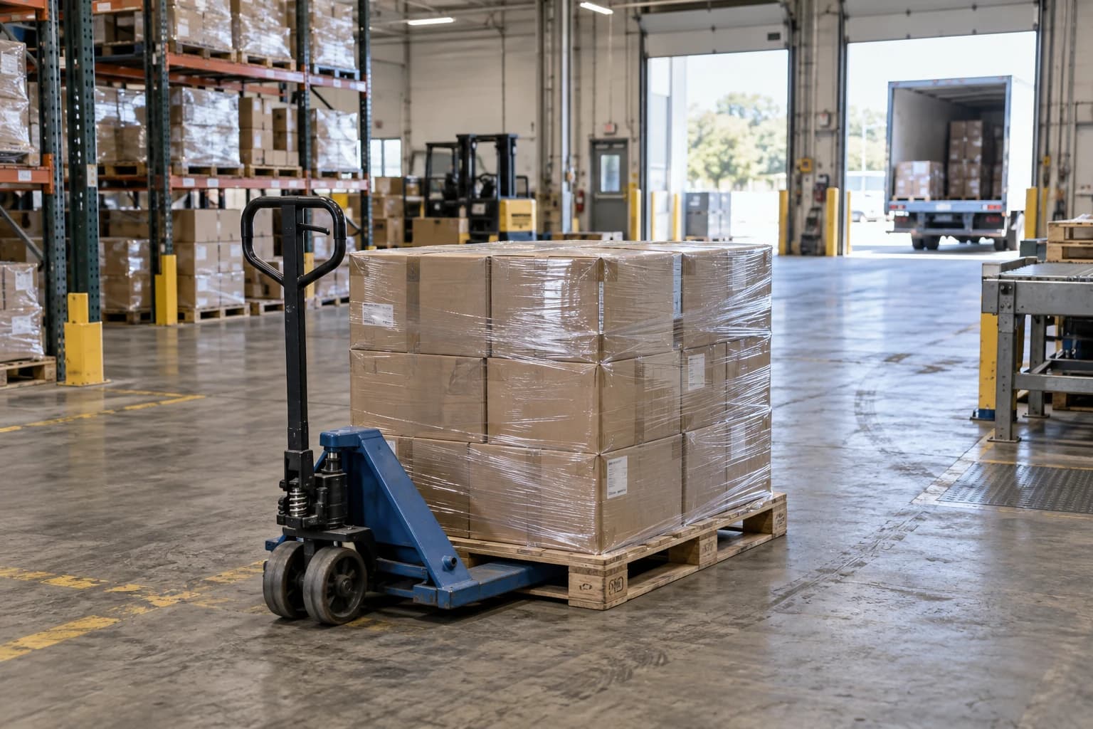Wrapped shipping pallet and blue pallet jack in a warehouse dispatch area