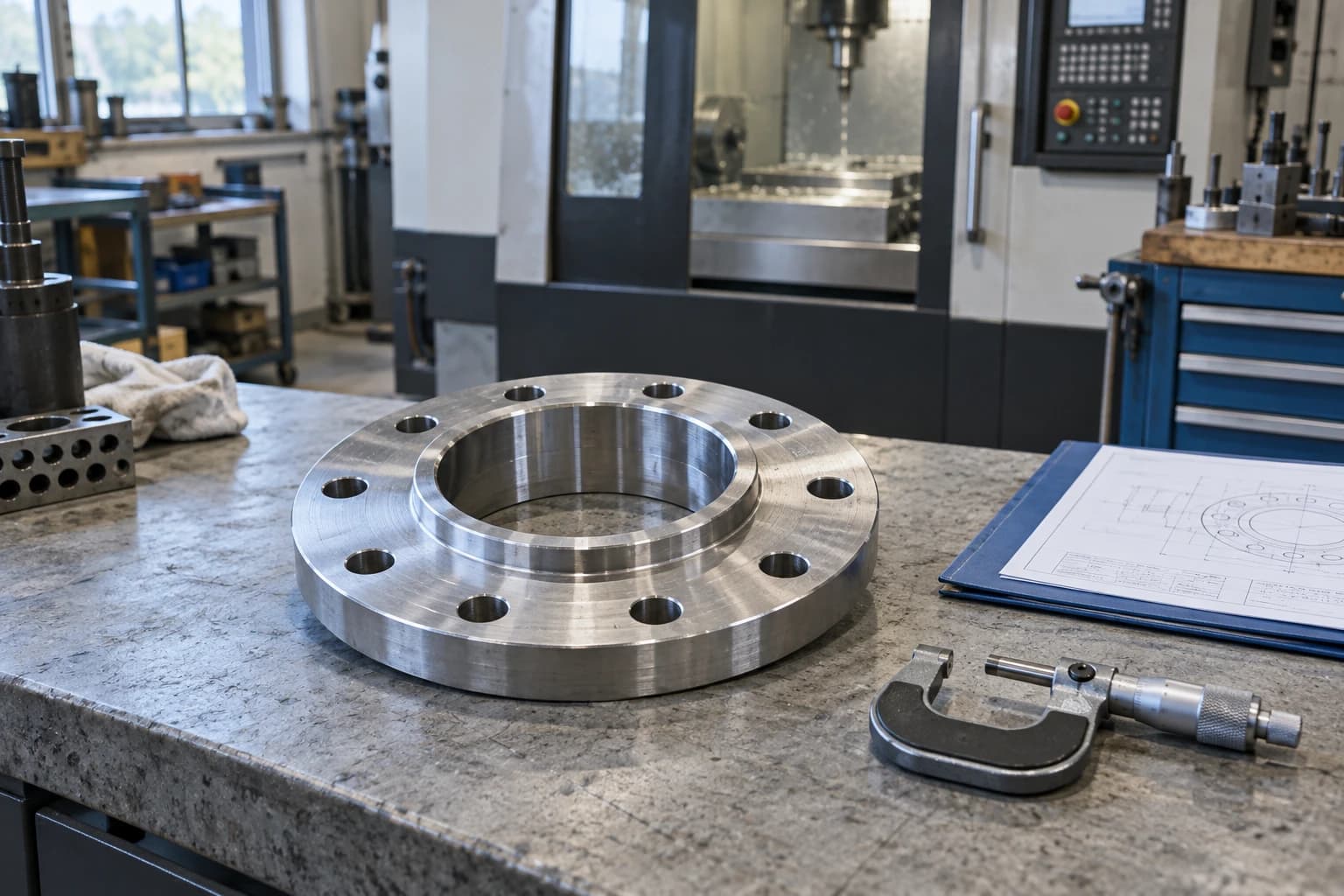 Machined aluminum flange and micrometer on a workshop inspection bench