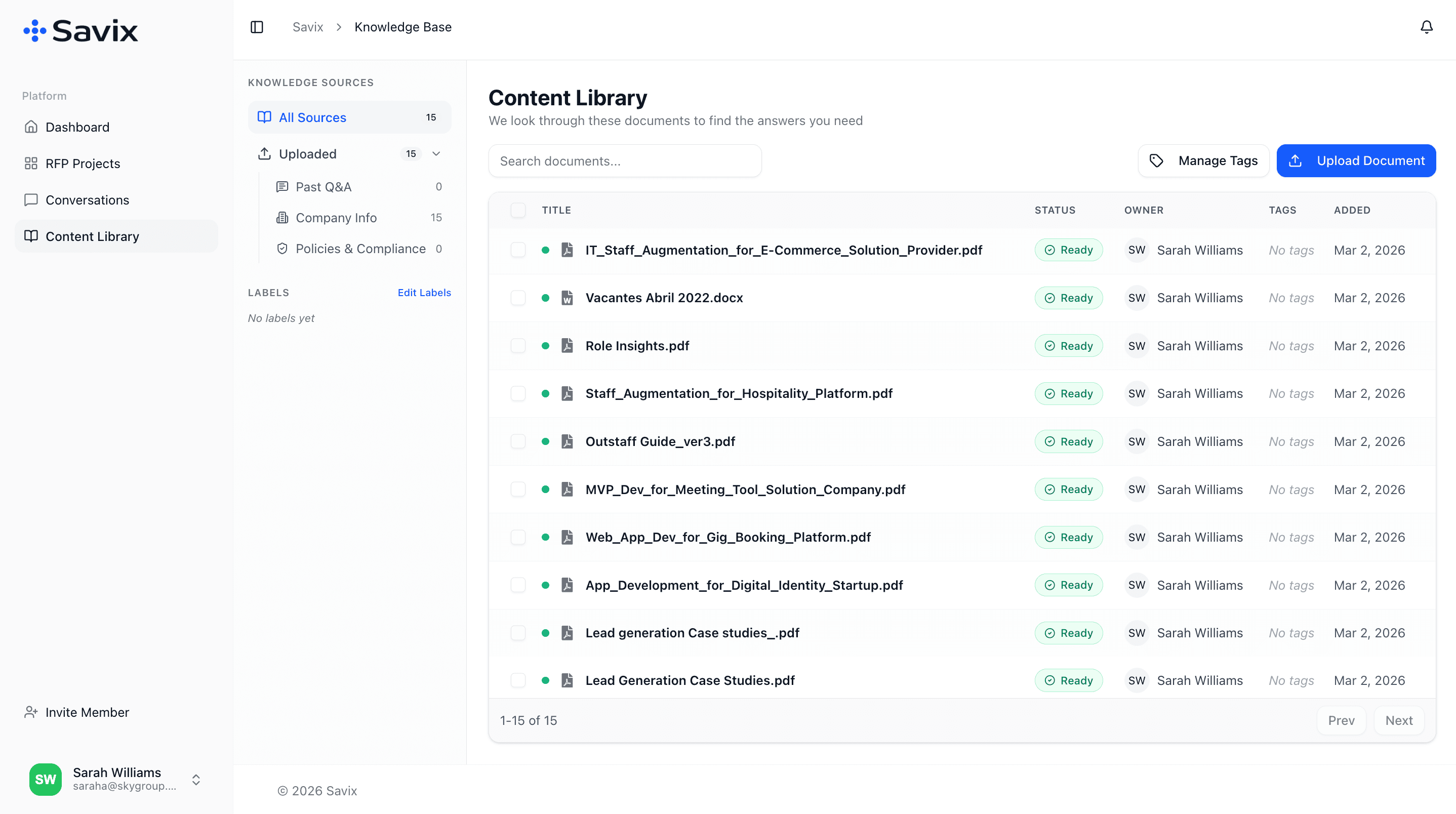 Savix knowledge base document library with AI-powered semantic search and categorized company documents